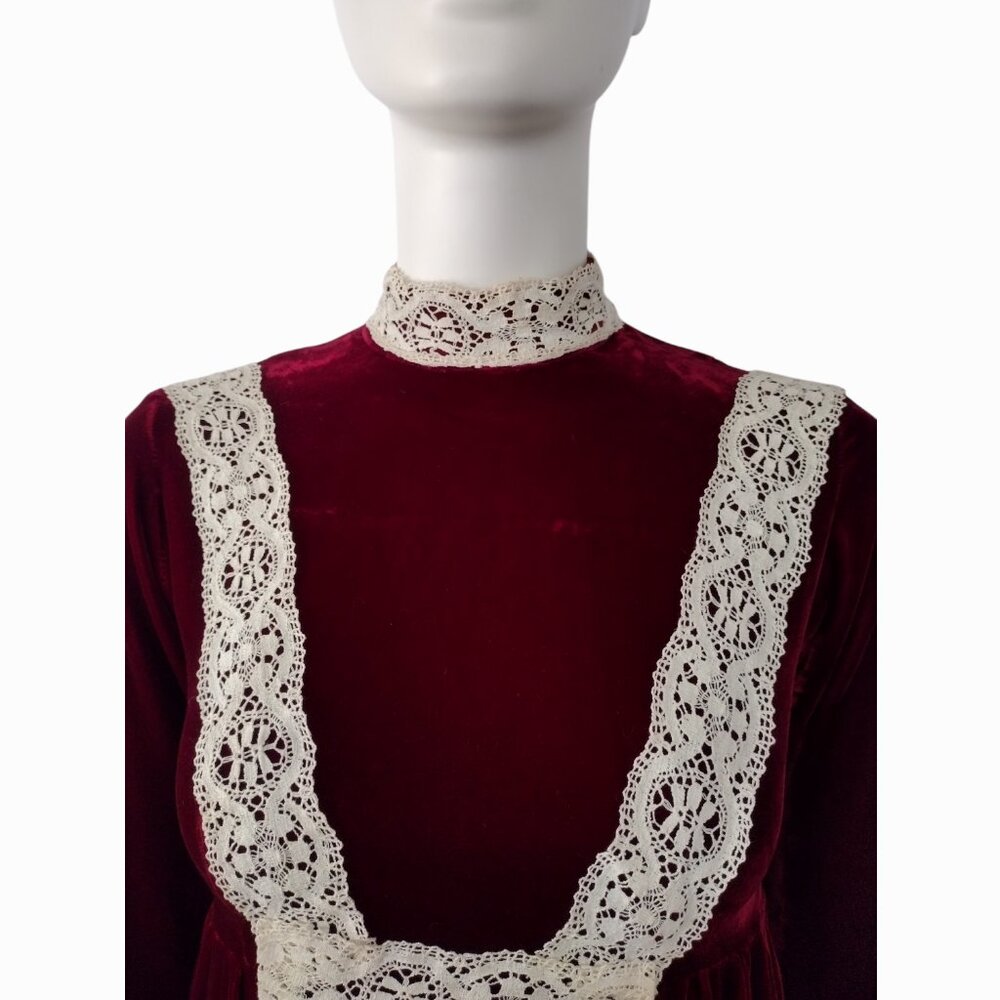 Vintage 1970s Red Velvet Empire Waist Long Sleeved Mock Neck Maxi Dress - Picture 11 of 13